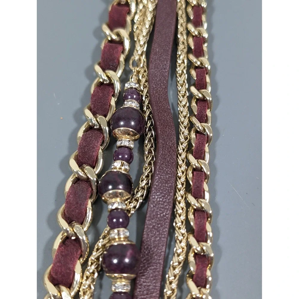 Wide Brown Faux Leather Multi Chain Bracelet Gold‎ Tone Boho Western 7.5